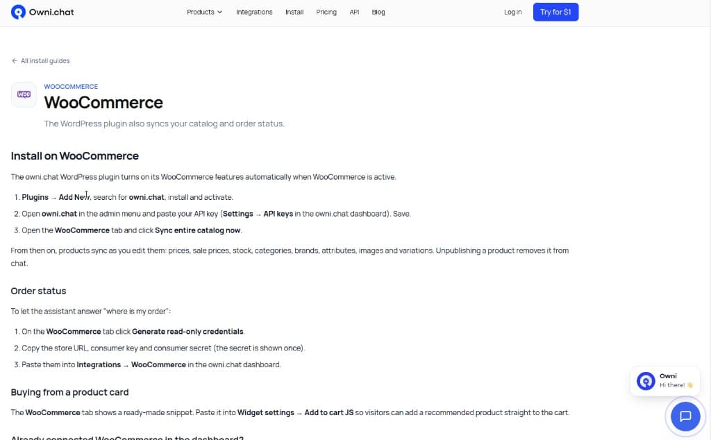 Visitor reading the Install on WooCommerce guide on owni.chat