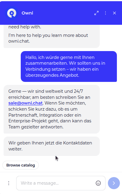 Chat widget showing the conversation in German for the shopper