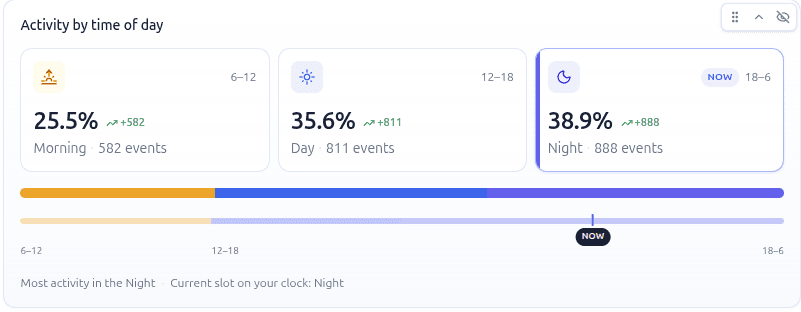 Activity by time of day: Morning, Day, and Night with NOW marker