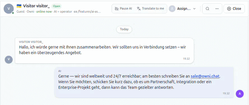 Inbox showing a German visitor message translated to English with Show original